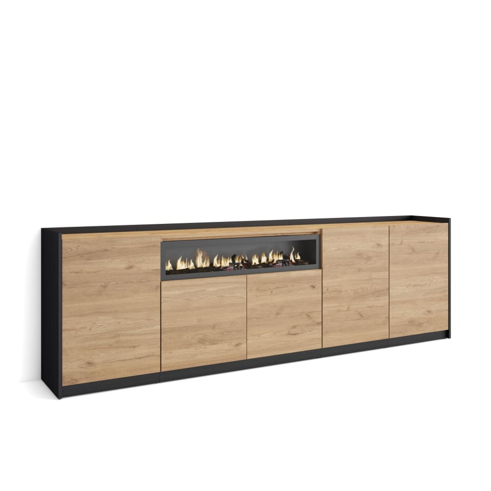 Buffet effet bois de chêne et noir 260x37x80cm cheminée effet feu