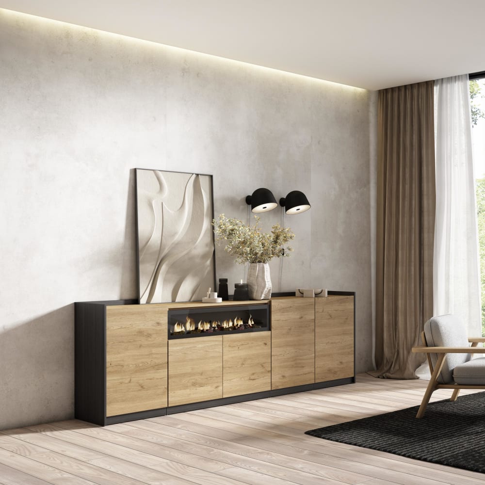 Skraut home Sideboard Holzeffekt eiche schwarz 263x37x80cm Kamin mit Feuereffekt style modern Beige Spanplatte