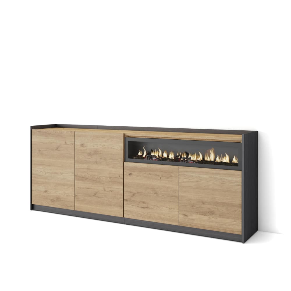 Buffet effet bois de chêne et noir 210x37x80cm cheminée effet feu