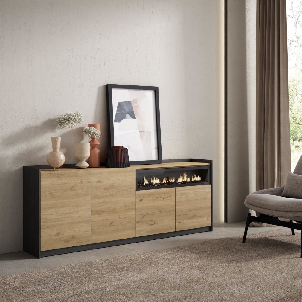 Skraut home Sideboard Holzeffekt eiche schwarz 210x37x80cm Kamin mit Feuereffekt style modern Beige Spanplatte