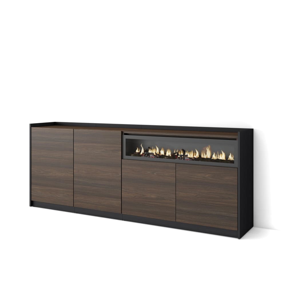 Buffet effet bois de chêne foncé noir 210x37x80cm cheminée effet feu