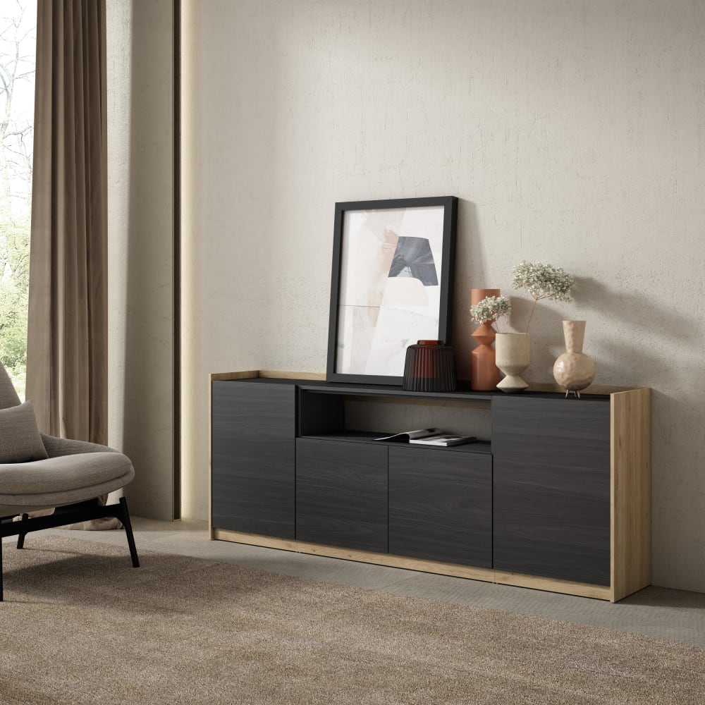 Skraut home Sideboard Holzeffekt schwarz und eiche 210x37x80cm style modern - Spanplatte