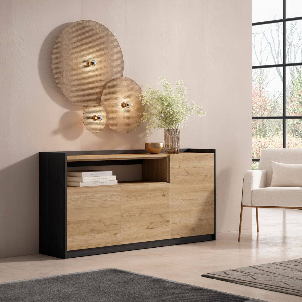 Skraut home Sideboard Holzeffekt eiche und schwarz 157x37x80cm style modern Beige Spanplatte