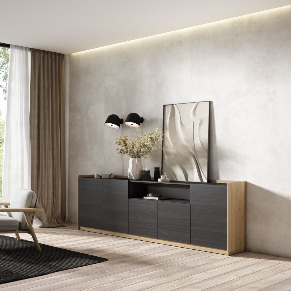 Buffet effet bois noir et chêne 263x37x80cm