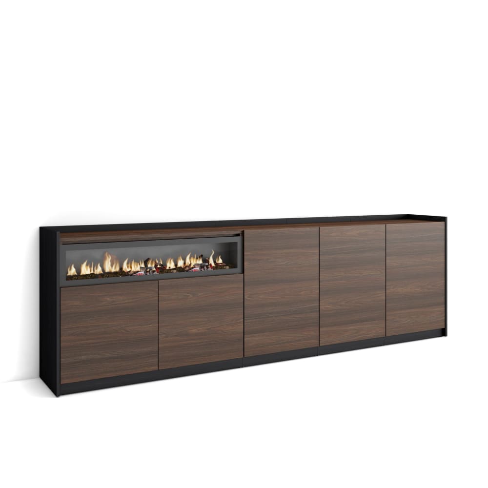 Buffet effet bois de chêne foncé noir 263x37x80cm cheminée effet feu