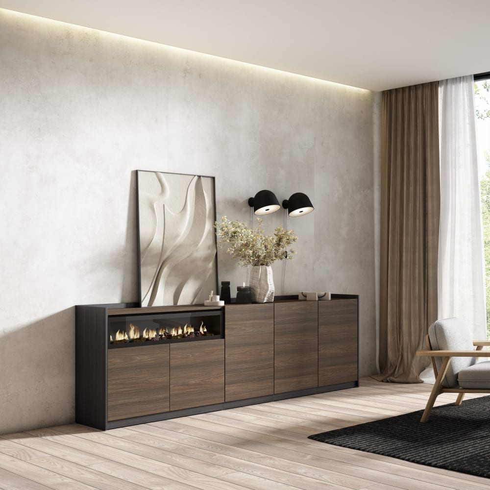 Skraut home Sideboard Holzeffekt Eiche schwarz 263x37x80cm Kamin mit Feuereffekt style modern Braun Spanplatte