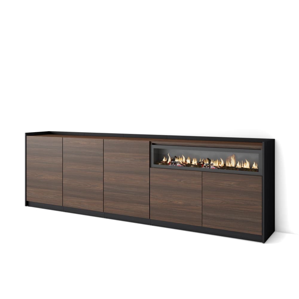 Buffet effet bois de chêne foncé noir 263x37x80cm cheminée effet feu