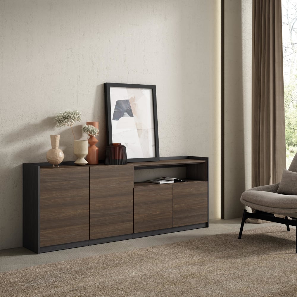 Skraut home Sideboard Holzeffekt dunkle Eiche und schwarz 210x37x80cm style modern Braun Spanplatte