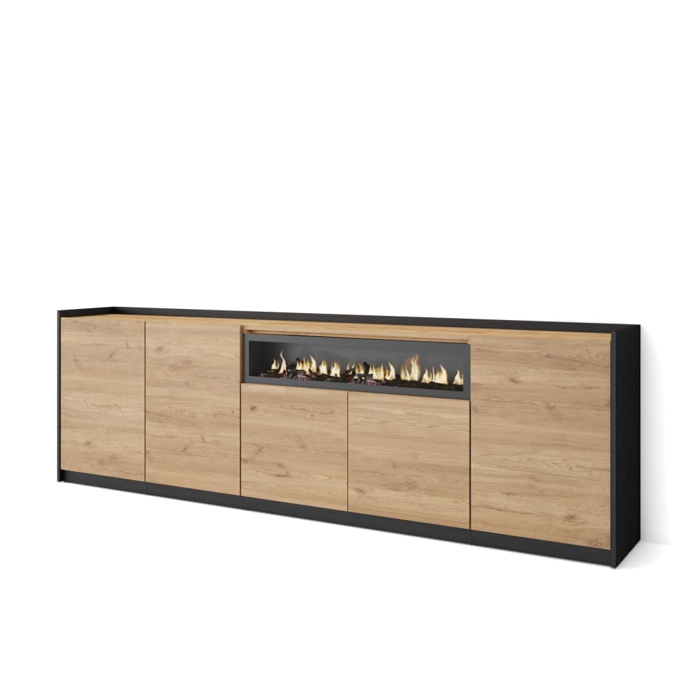 Buffet effet bois de chêne et noir 260x37x80cm cheminée effet feu