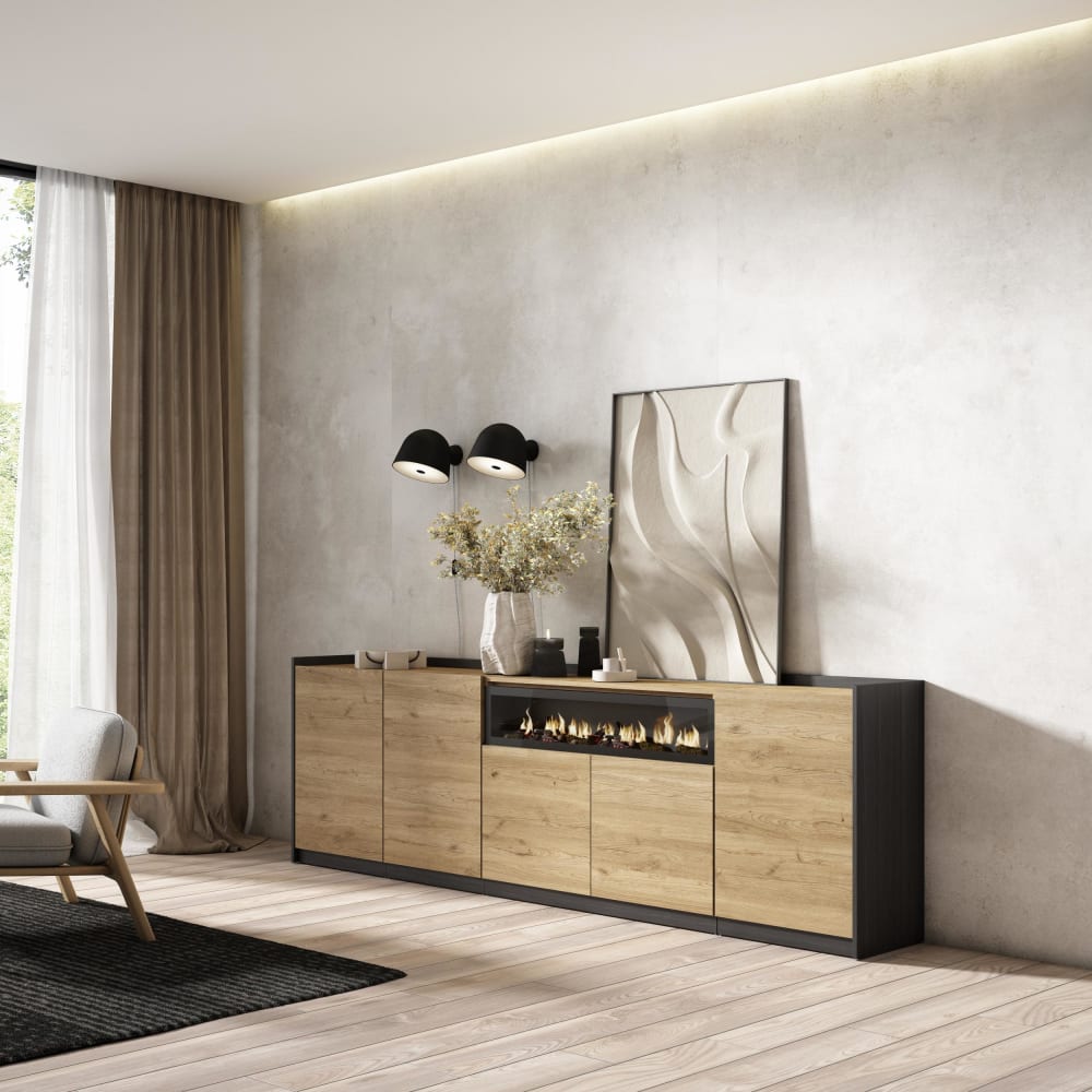 Skraut home Sideboard Holzeffekt eiche schwarz 263x37x80cm Kamin mit Feuereffekt style modern Beige Spanplatte