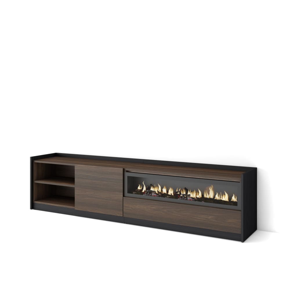 Meuble tv effet bois de chêne foncé et noir 208 cheminée effet feu