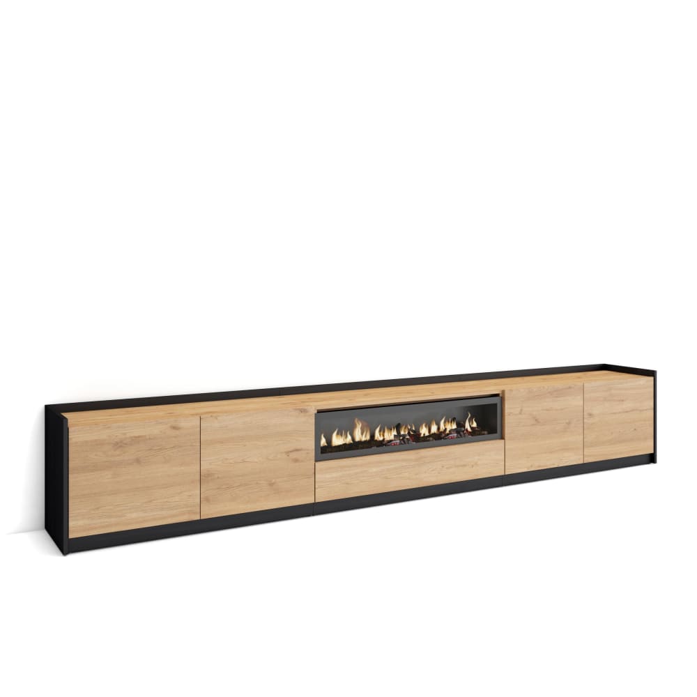 Meuble tv effet bois de chêne et noir 310x37x50cm cheminée effet feu