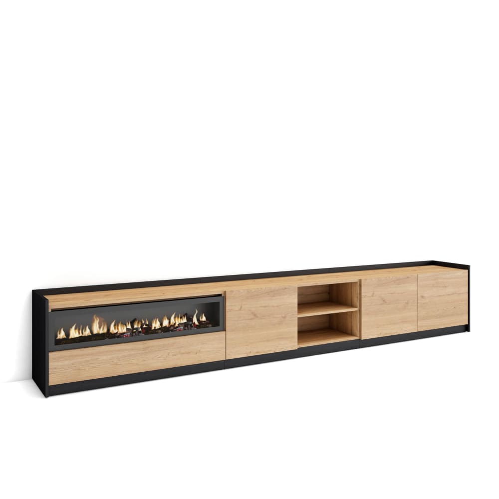 Meuble tv effet bois de chêne et noir 310x37x50cm cheminée effet feu