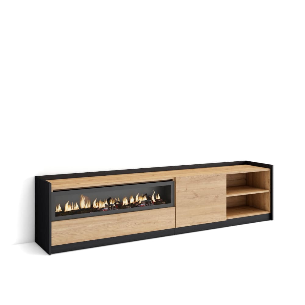 Meuble tv effet bois de chêne et noir 208x37x50cm cheminée effet feu