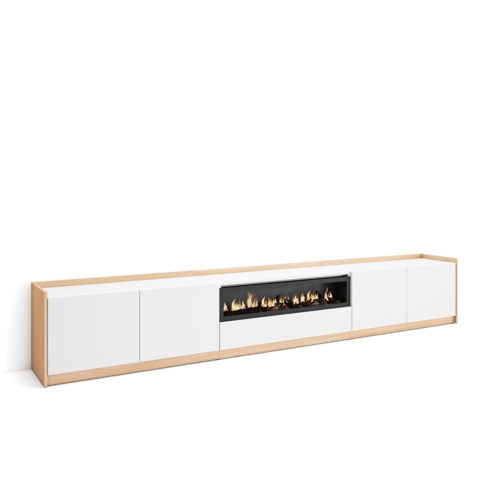 Meuble tv effet bois blanc et chêne 310x37x50cm cheminée effet feu