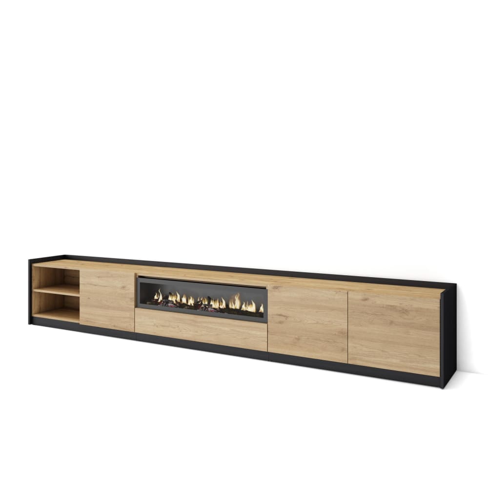 Meuble tv effet bois de chêne et noir 310x37x50cm cheminée effet feu