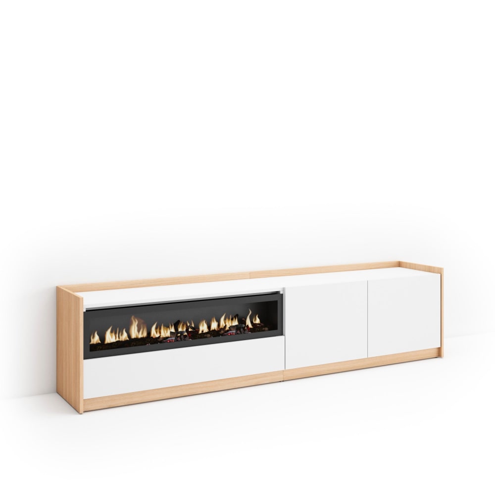 Meuble tv effet bois blanc et chêne 207x37x50cm cheminée effet feu