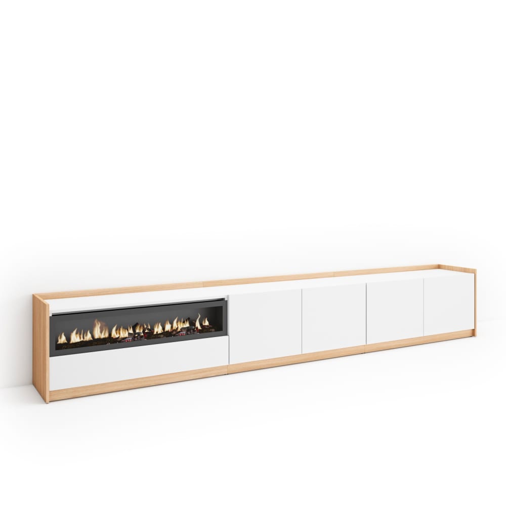 Meuble tv effet bois blanc et chêne 310x37x50cm cheminée effet feu