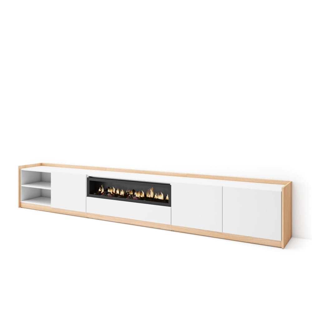Meuble tv effet bois blanc et chêne 310x37x50cm cheminée effet feu