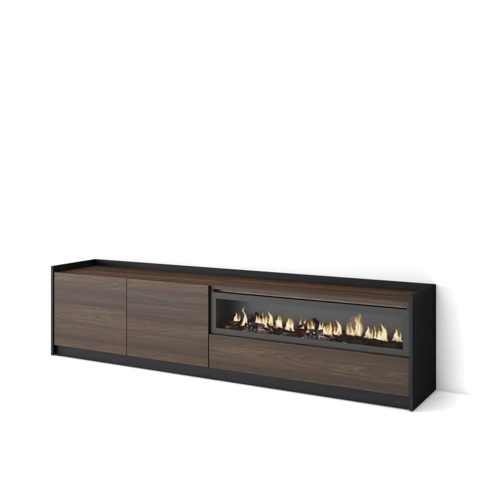 Meuble tv effet bois de chêne foncé et noir 208 cheminée effet feu