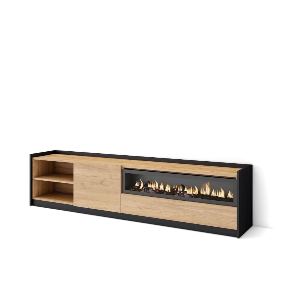 Meuble tv effet bois de chêne et noir 208x37x50cm cheminée effet feu
