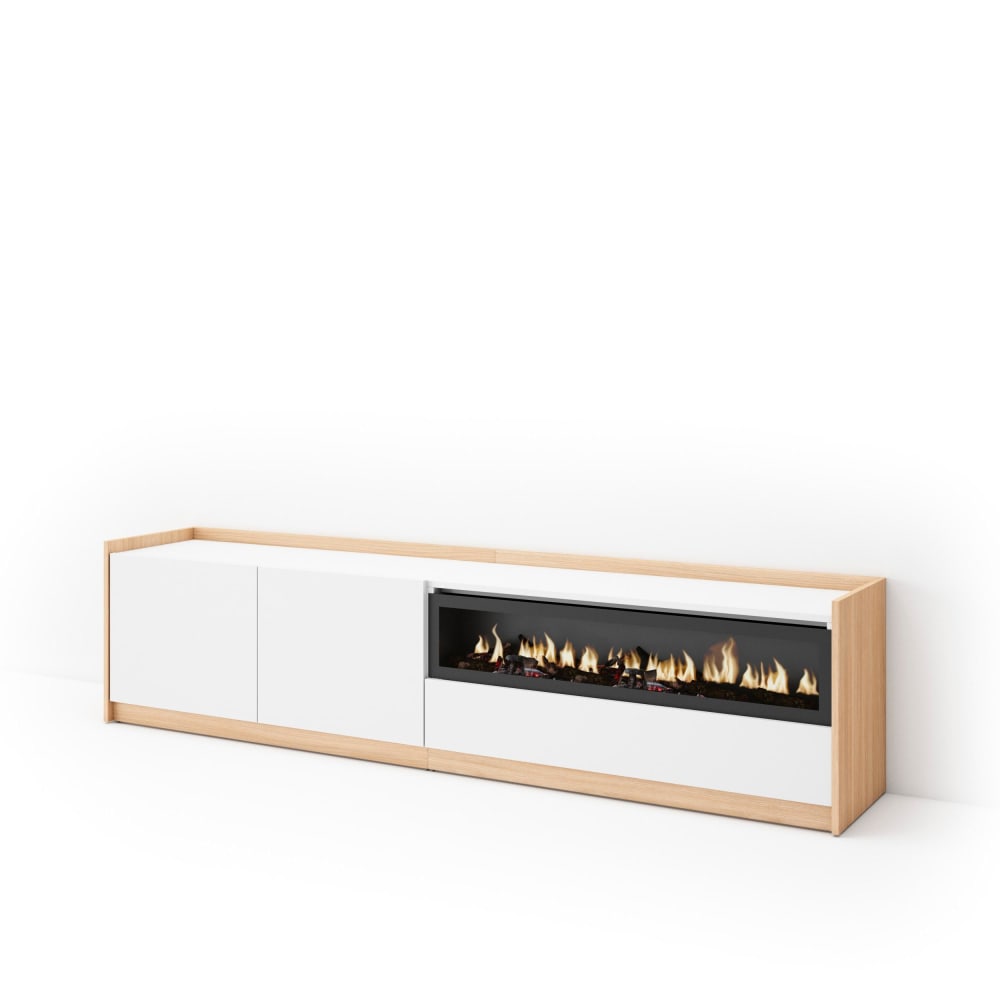 Meuble tv effet bois blanc et chêne 208x37x50cm cheminée effet feu
