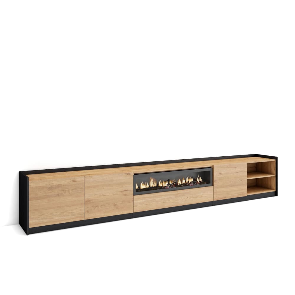 Meuble tv effet bois de chêne et noir 310x37x50cm cheminée effet feu