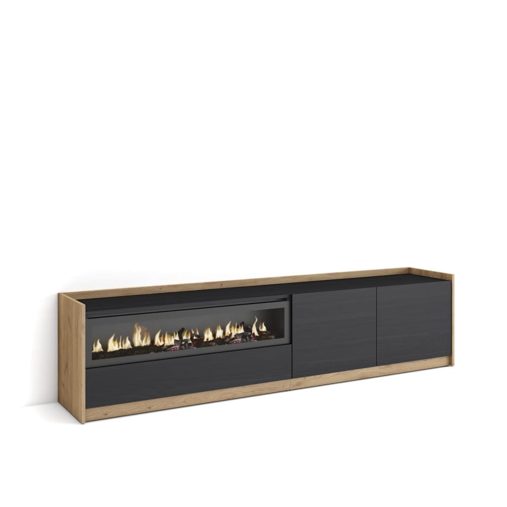 Meuble tv effet bois noir et chêne 208x37x50cm cheminée effet feu