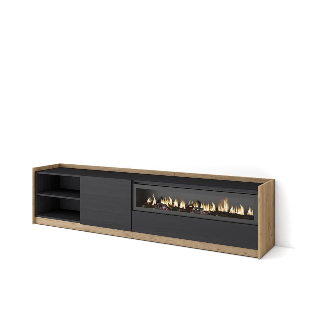 Meuble tv effet bois noir et chêne 208x37x50cm cheminée effet feu