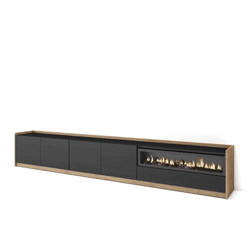 Meuble tv effet bois noir et chêne 310x37x50cm cheminée effet feu