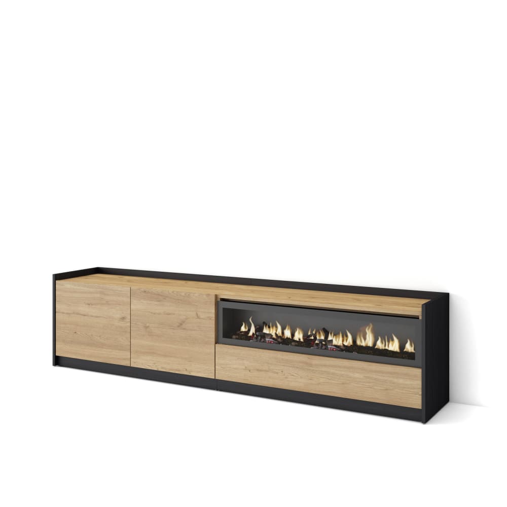 Meuble tv effet bois de chêne et noir 208x37x50cm cheminée effet feu