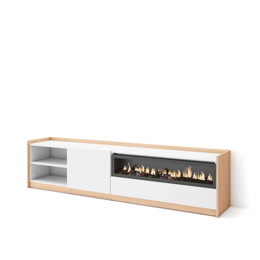 Meuble tv effet bois blanc et chêne 208x37x50cm cheminée effet feu