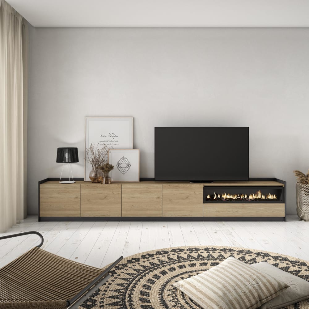 Skraut home TV-Möbel Holzeffekt eiche schwarz 310x37x50cm Kamin mit Feuereffekt style modern Beige Spanplatte