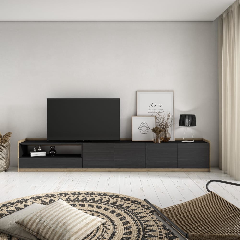 Skraut home TV-Möbel Holzeffekt schwarz und eiche 310x37x50cm style modern - Spanplatte
