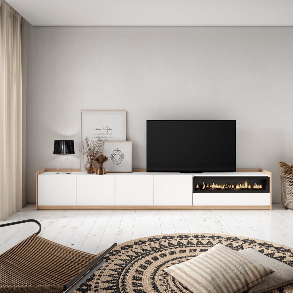 Skraut home TV-Möbel Holzeffekt weiß dunkler eiche 310x37x50 Kamin mit Feuereffekt style modern - Spanplatte