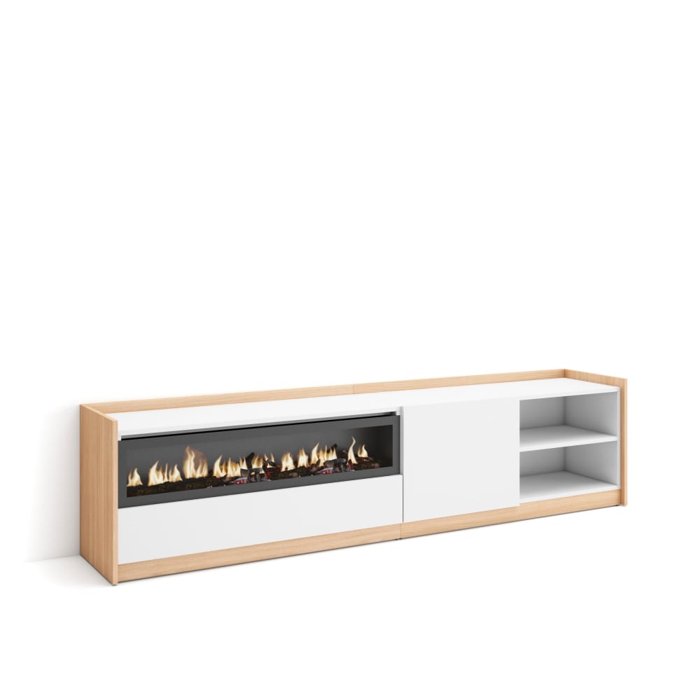 Meuble tv effet bois blanc et chêne 208x37x50cm cheminée effet feu