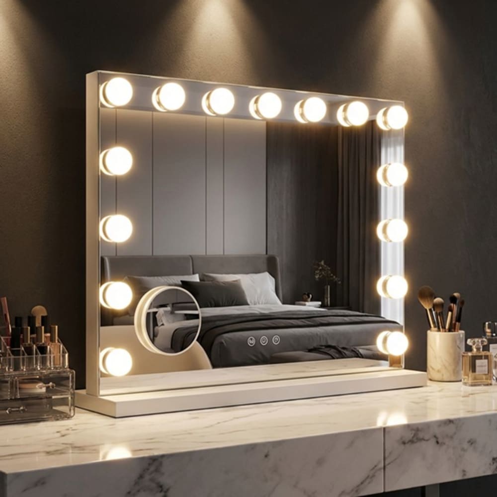 Mauro Ferretti Hollywood-Tischspiegel mit LED-Beleuchtung, 55 x 14 x 43 cm style modern Weiß Metall