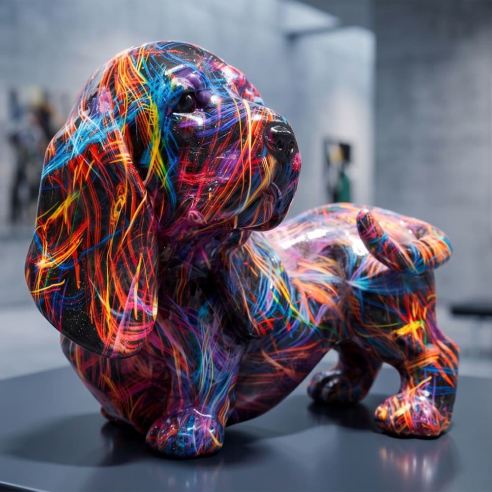 Mauro Ferretti Mehrfarbige, dackelförmige Kunstharzskulptur, 20 x 14 x 16,5 cm style modern Mehrfarbig