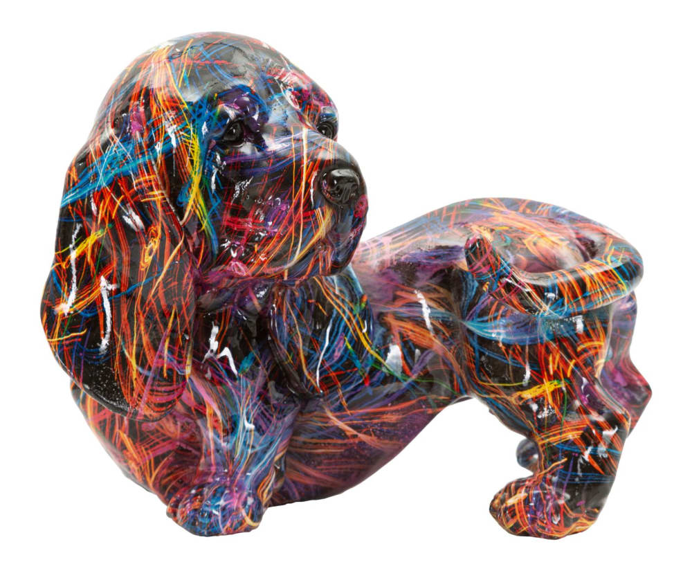 Mehrfarbige, dackelförmige Kunstharzskulptur, 20 x 14 x 16,5 cm -