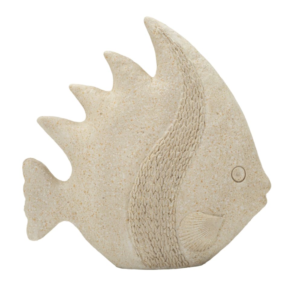 Beigefarbene, fischförmige Kunstharzskulptur, 8 x 10 x 23 cm -