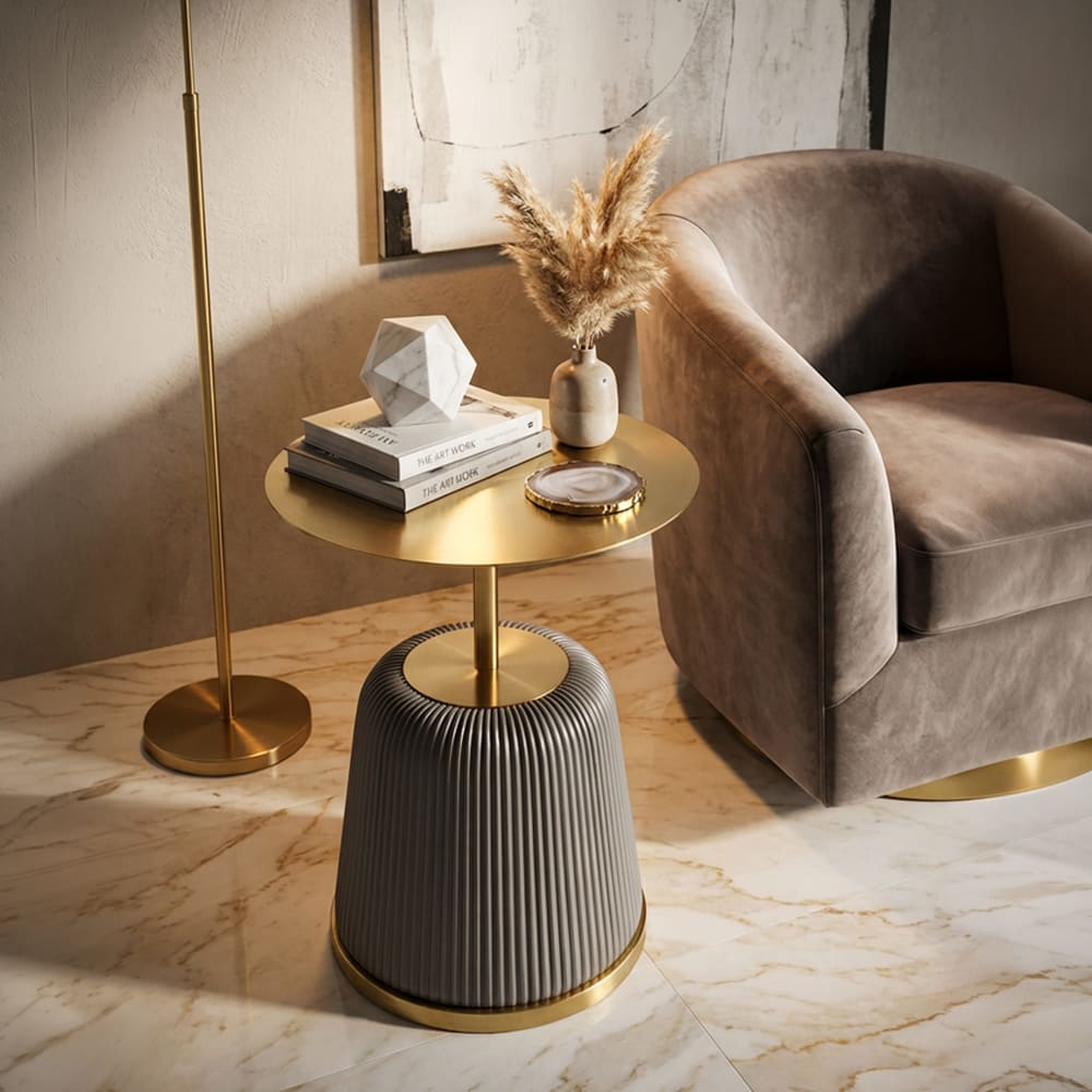 Mauro Ferretti Beistelltisch aus Metall und plissiertem Kunstleder grau Ø 40×55 style modern - Metall