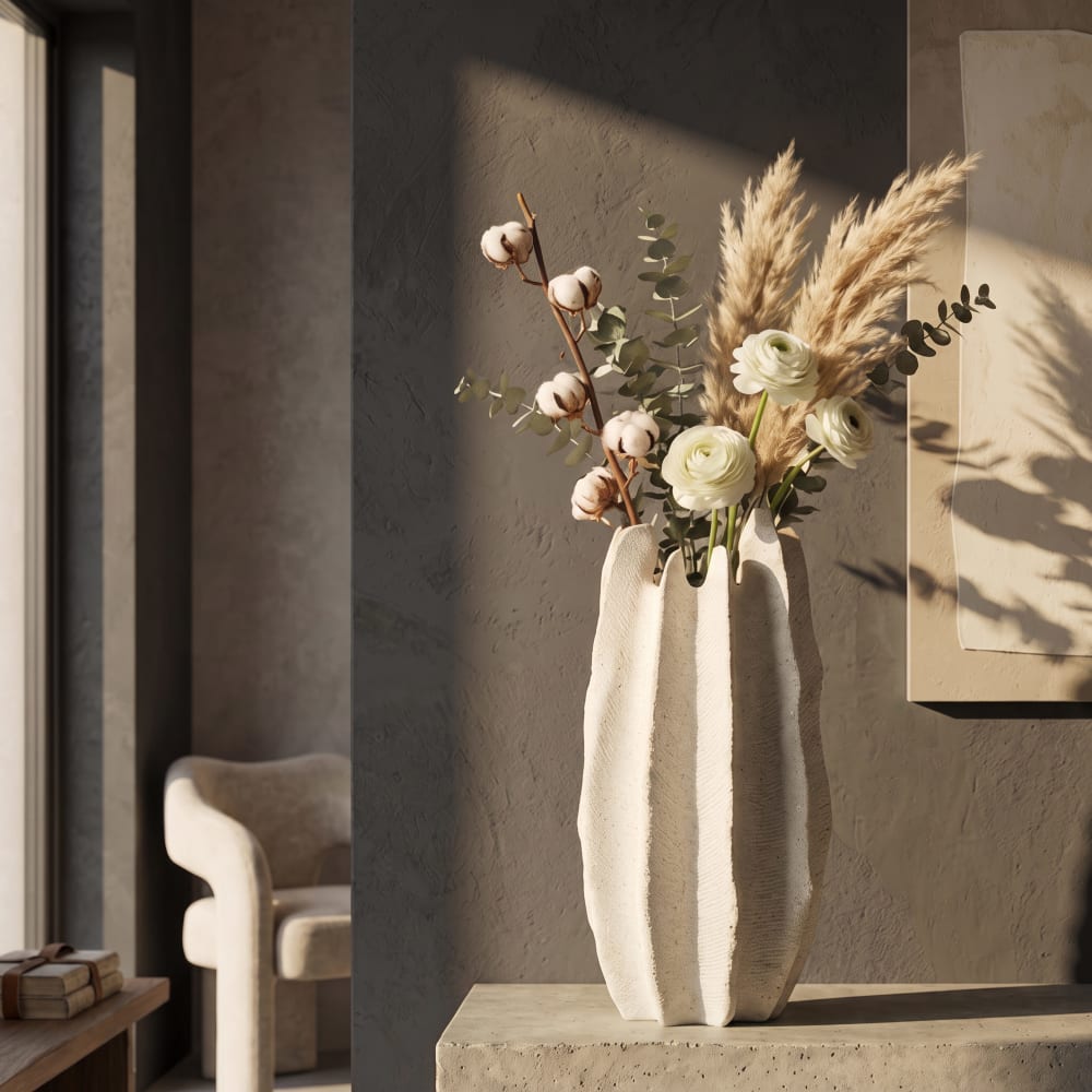 Mauro Ferretti Vase aus cremefarbenem Kunstharz, Ø 23 x 50 cm style modern Beige