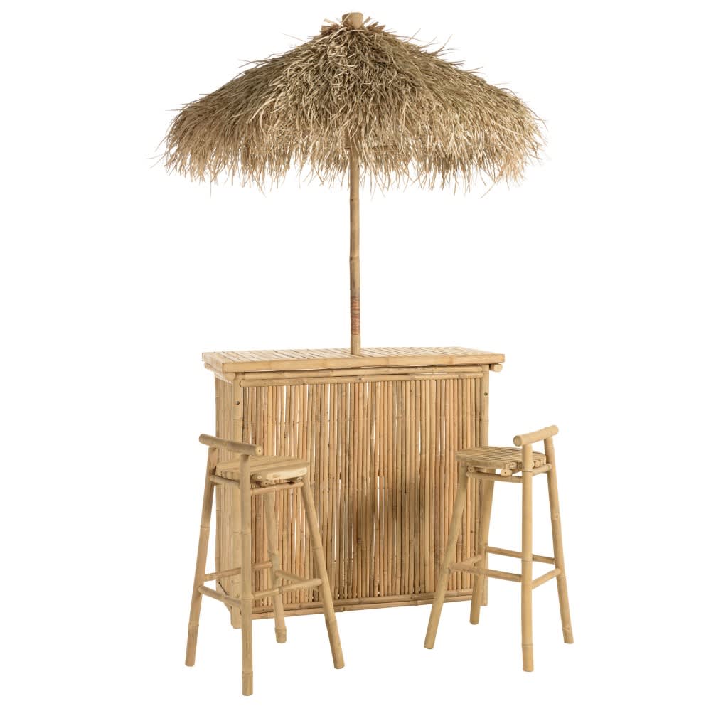 Ensemble 1 bar, 1 parasol et 2 tabourets avec dossier bambou