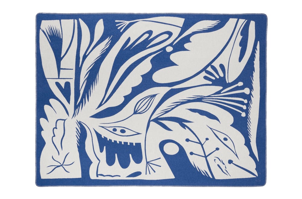 Plaid à motif botanique en coton, bleu