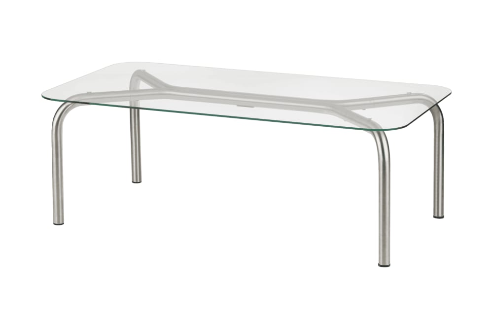 Table basse en acier brossé avec plateau en verre