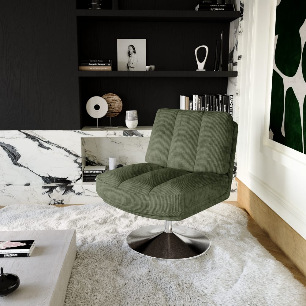 Fauteuil de salon pivotant pied chrome velours côtelé vert rétro