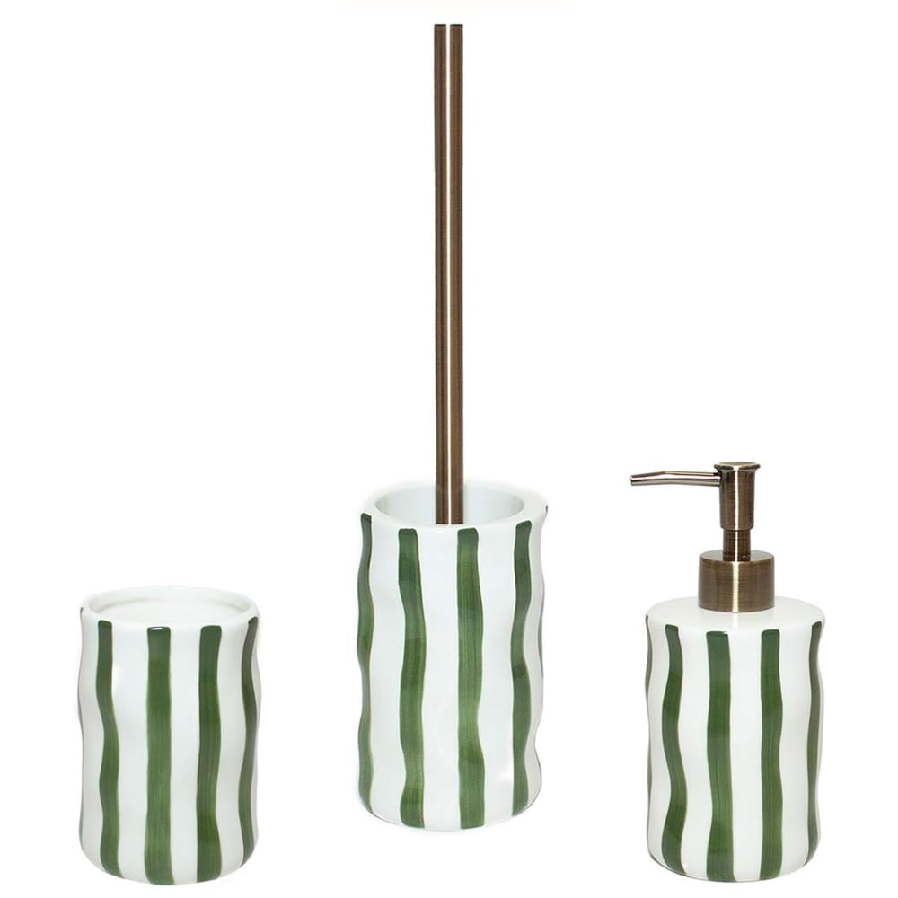 Brosse wc en céramique rayures vert et blanc 10.5x10.5x44cm — vue 3