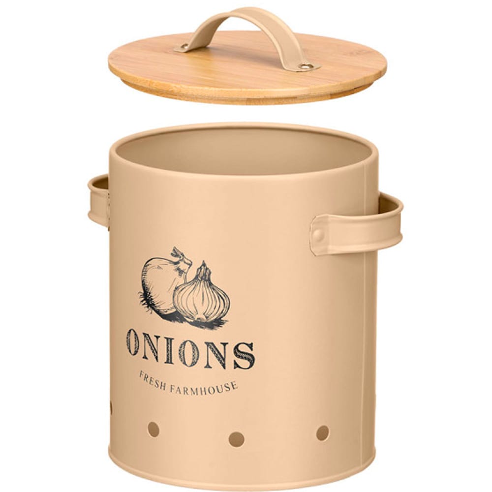 Boîte à oignons en métal beige et bambou 14x17.5x19.5cm