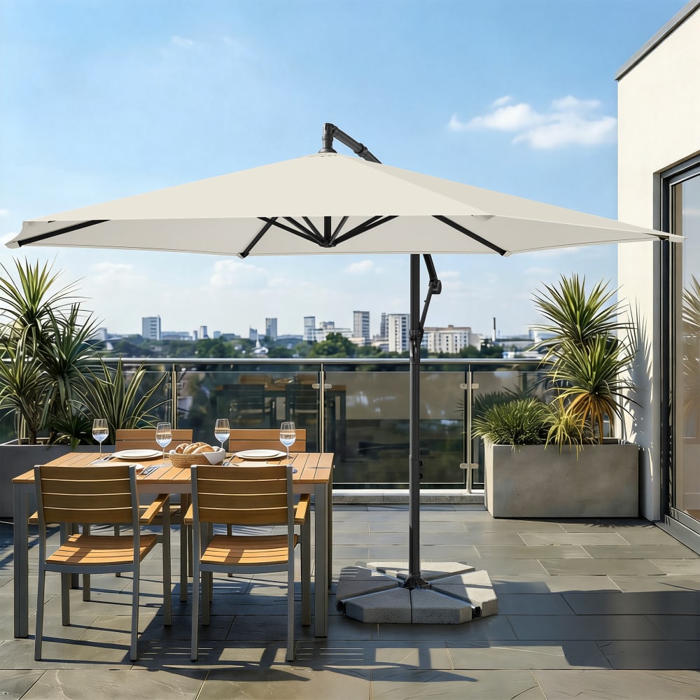 Parasol de 350 cm de diamètre avec socle manivelle d’ouverture beige