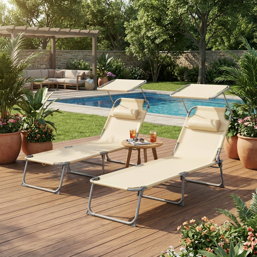 Chaises longues pliables lot de 2 pare-soleil réglables beige